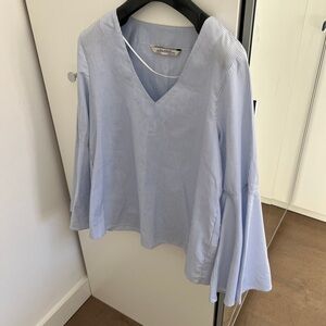Zara Blue Striped V-Neck bell sleeve Women's shirt